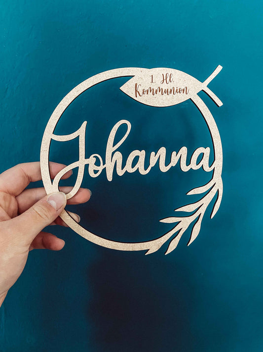 Personalisierter Caketopper, Kommunion Kranz mit Fisch