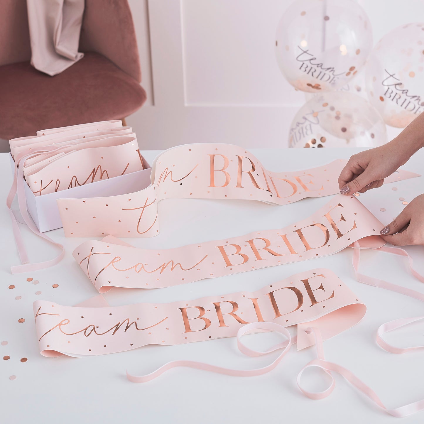 JGA 6 Schärpen in Rosa Roségold, Team Bride