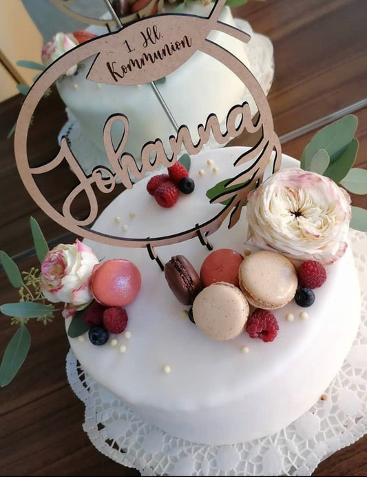 Personalisierter Caketopper, Kommunion Kranz mit Fisch