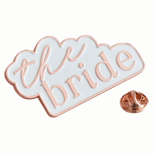 JGA Braut Brosche, Emaille Anstecknadel Pin mit "the bride" in Weiß-Roségold-Badge
